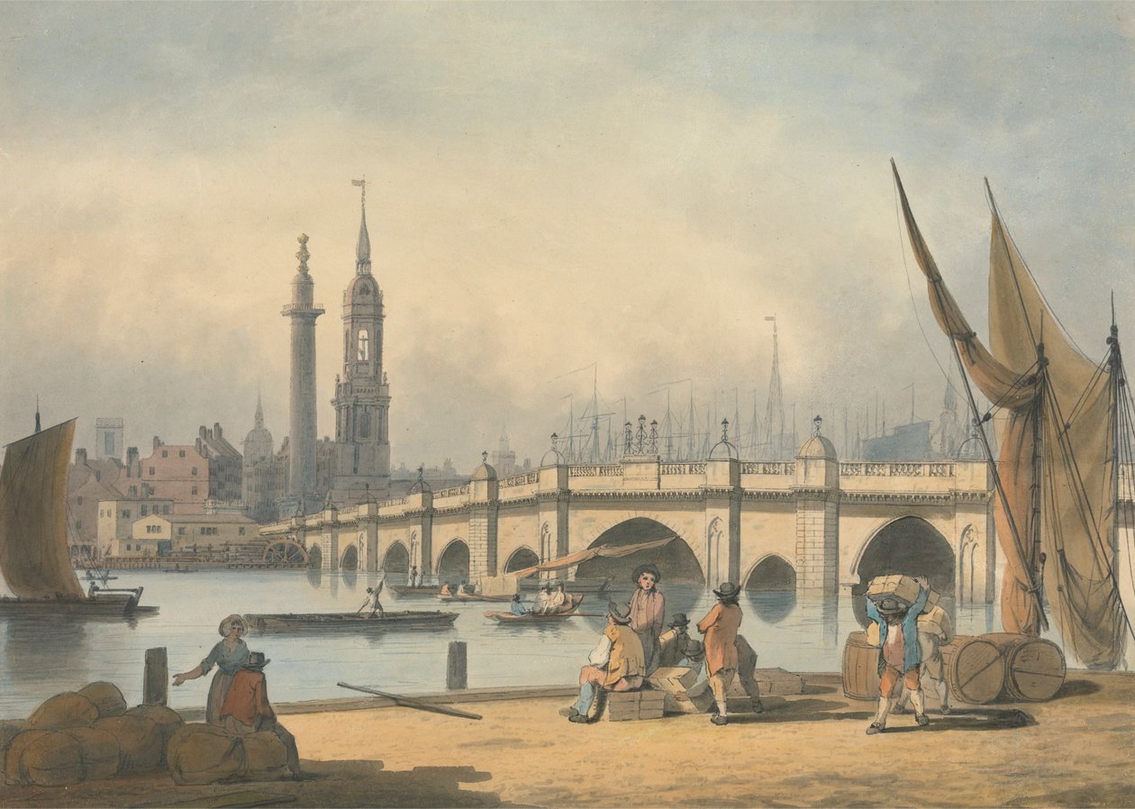 London Bridge og Monumentet af Francis Nicholson