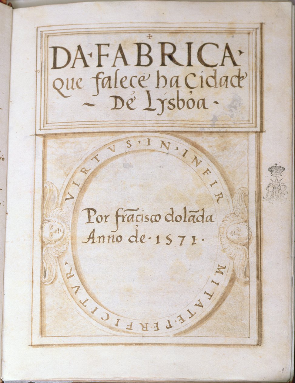 Side 1 i bogen Fra fabrikken der dør i byen Lysboa af Francisco Dolada, 1571 af Francisco Dolada