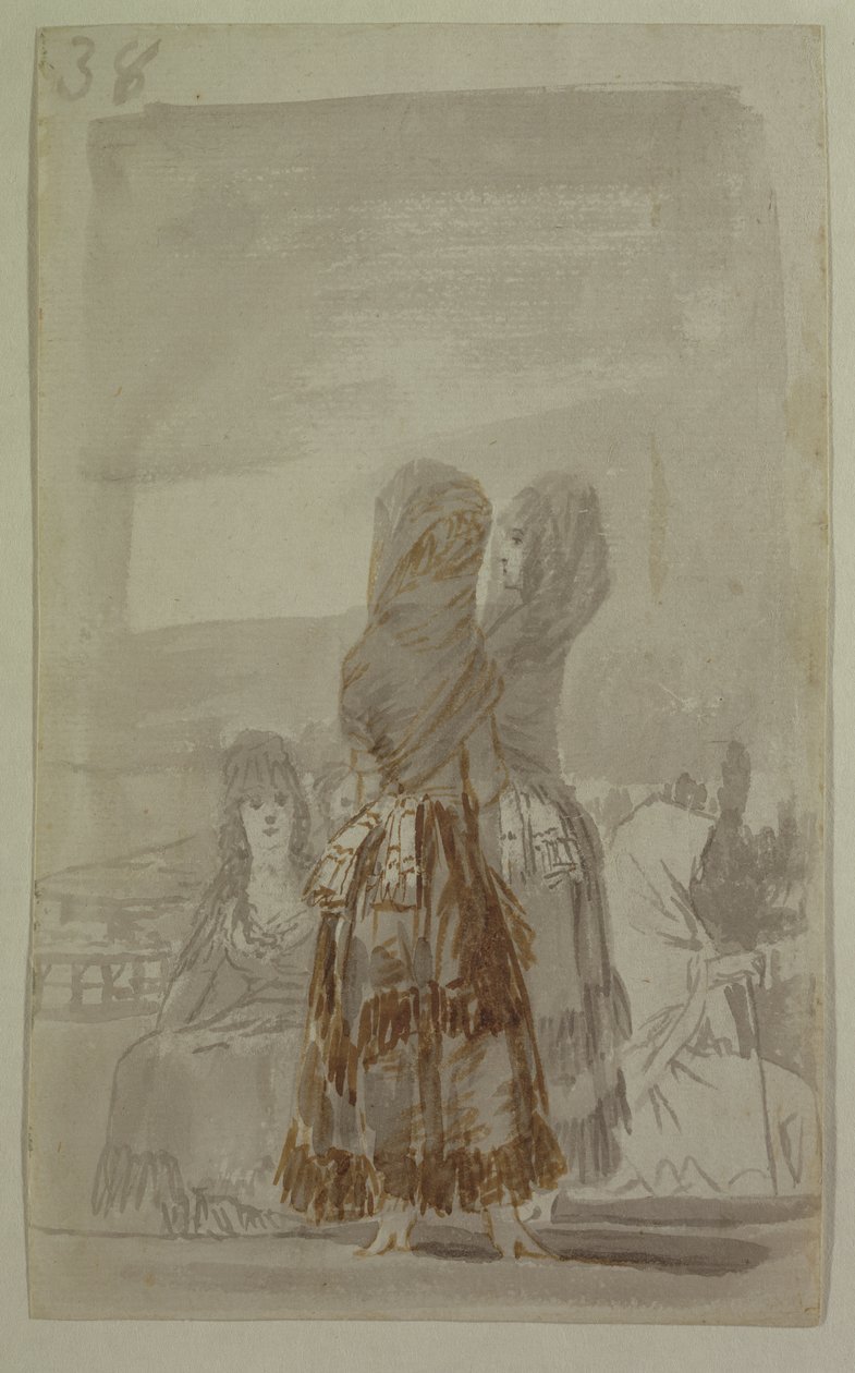 Majas paraderer på paseoen (grå og sort blyant på papir) af Francisco de Goya