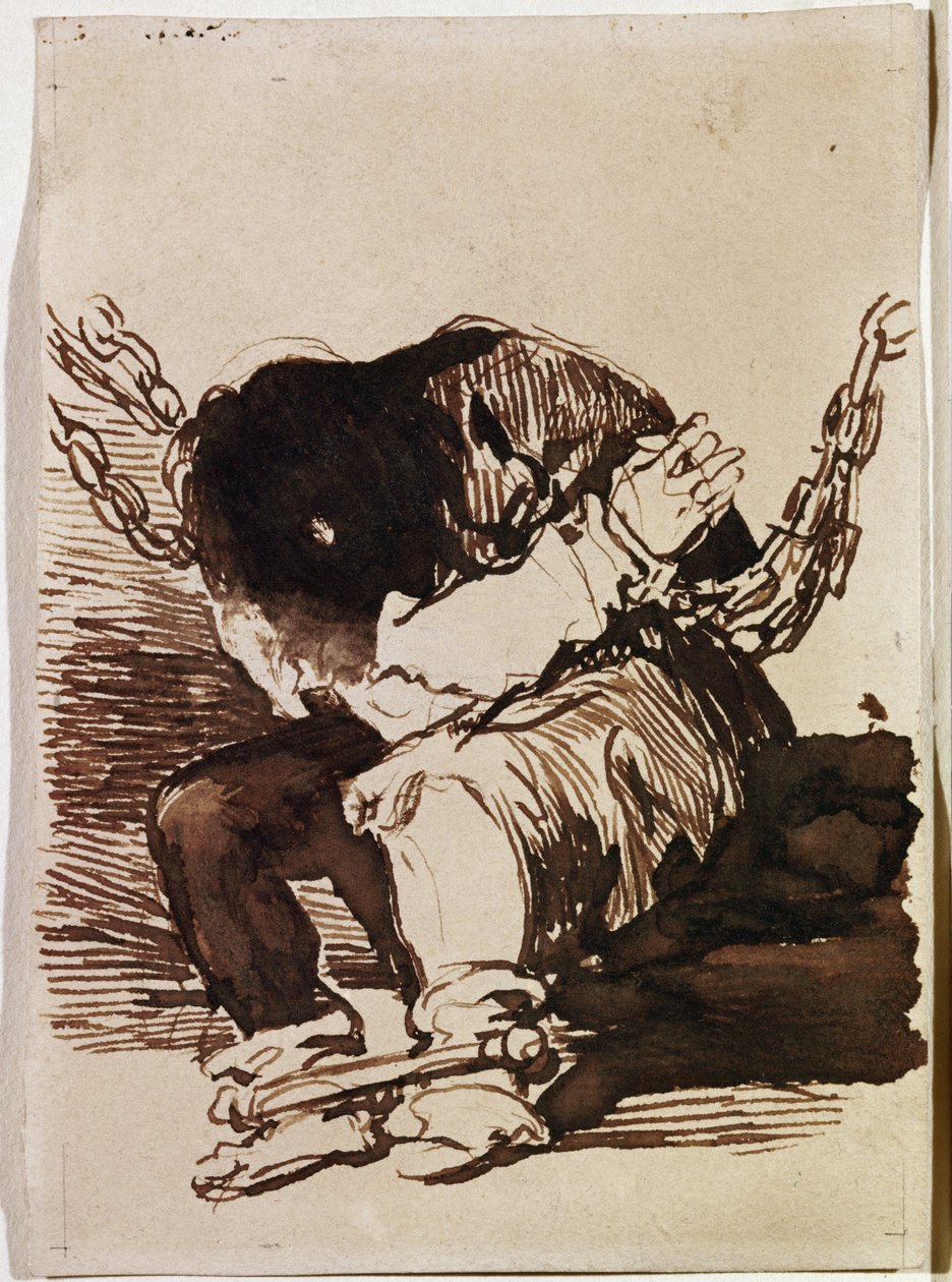 Fangekæde sidder. (Forberedende tegning af Francisco de Goya