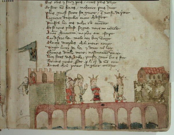 Ms Est 27 W 8.17 f.2r Et møde på en bro, fra The War of Attila af Nicola da Casola af Franco Italian School
