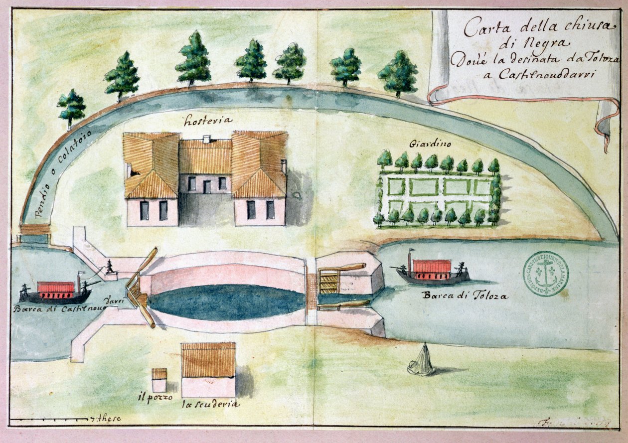 Tegning af slusen i Negra på Canal du Midi af Francois Andreossy