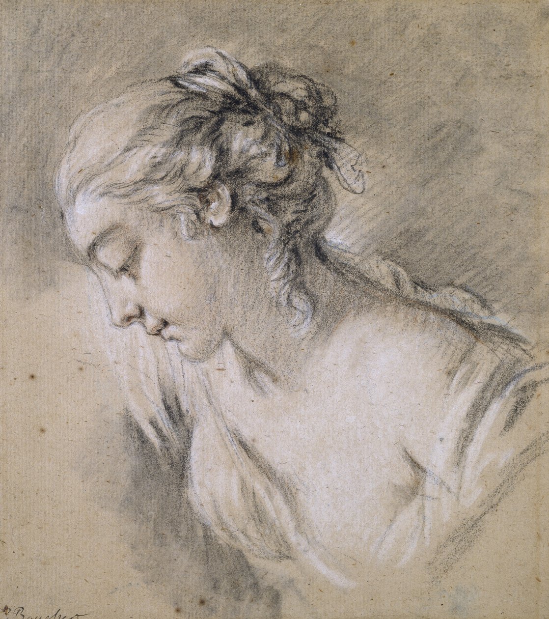 Buste af en pige i profil til venstre (kridt på papir) af François Boucher