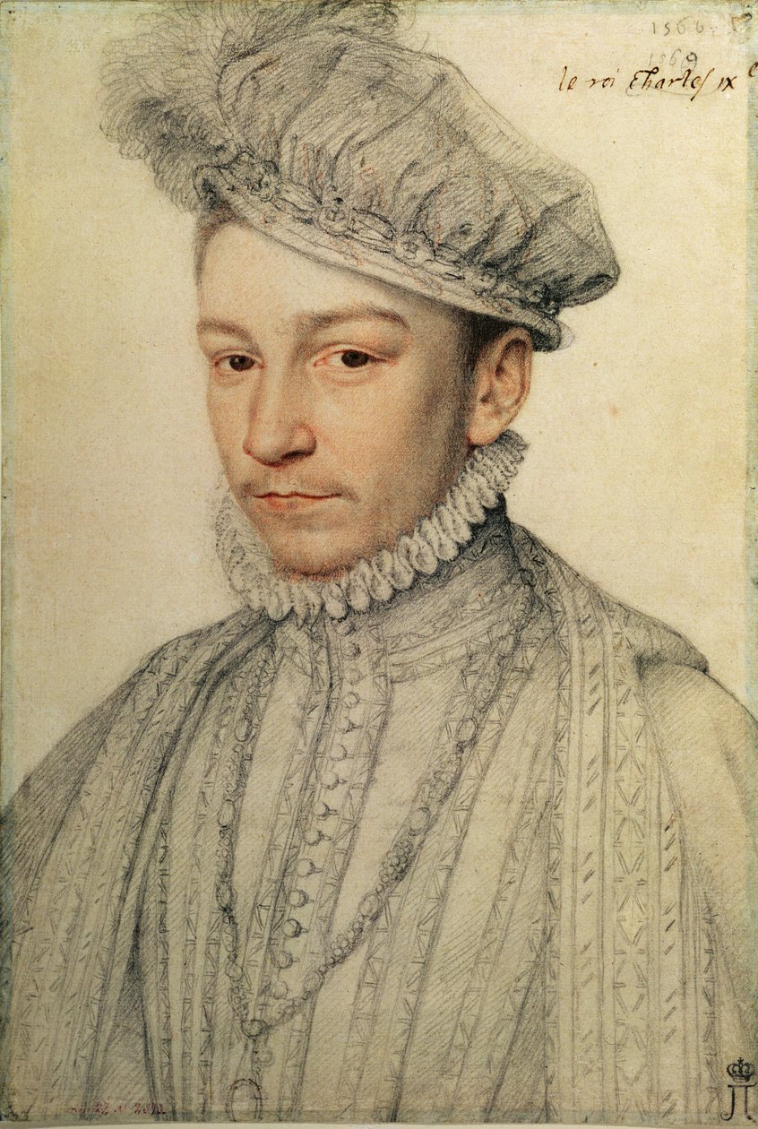 Portræt af kong Charles IX af Frankrig, 1566 (sort kridt og sangvinsk) af François Clouet