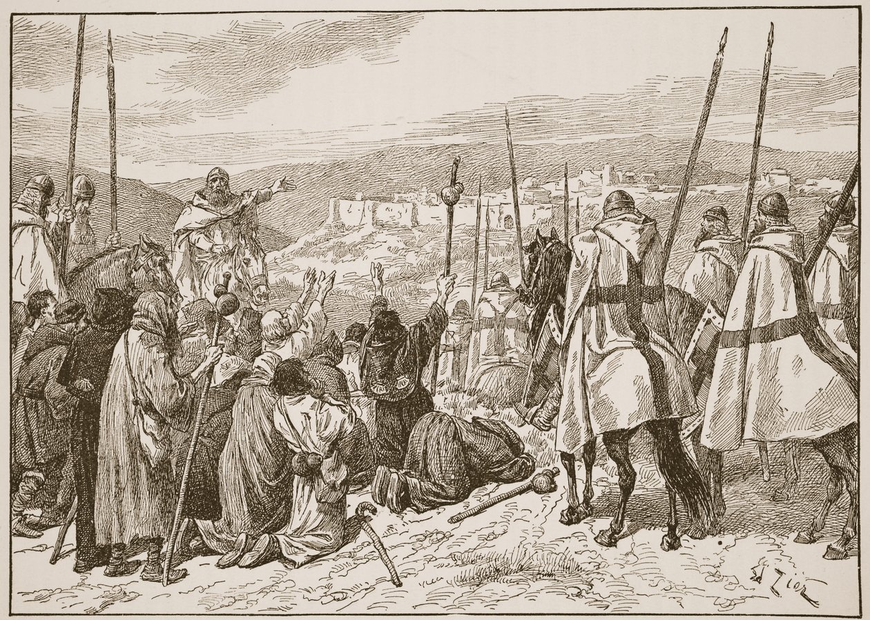 Pilgrimme under eskorte af tempelriddere i sigte mod Jerusalem, illustration fra "The Church of England: A History for the People