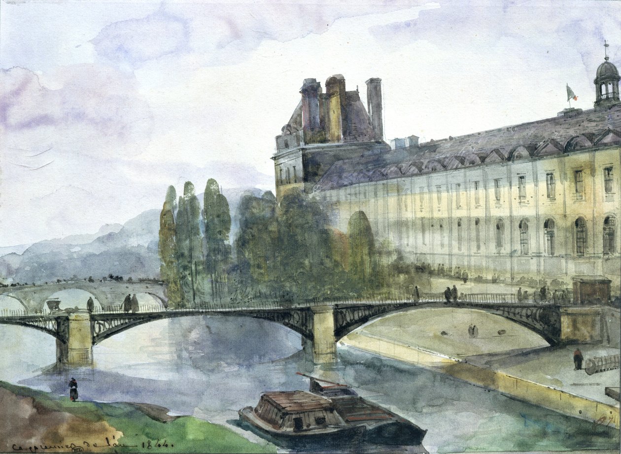 Udsigt over Pavillon de Flore i Louvre, 1844 (pen og blæk og wc på papir) af Francois Marius Granet