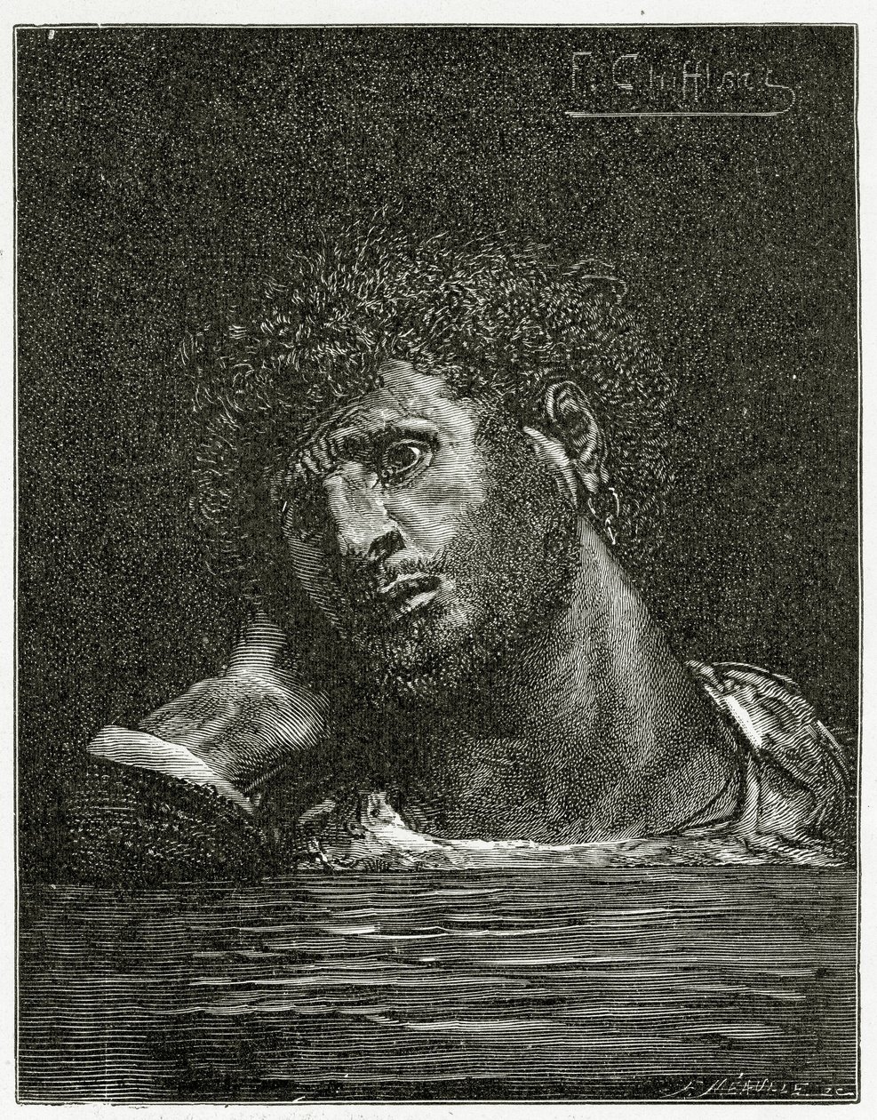 Giliaths død - illustration fra 1800-tallets søarbejdere (bw-gravering) af Francois Nicolas Chifflart