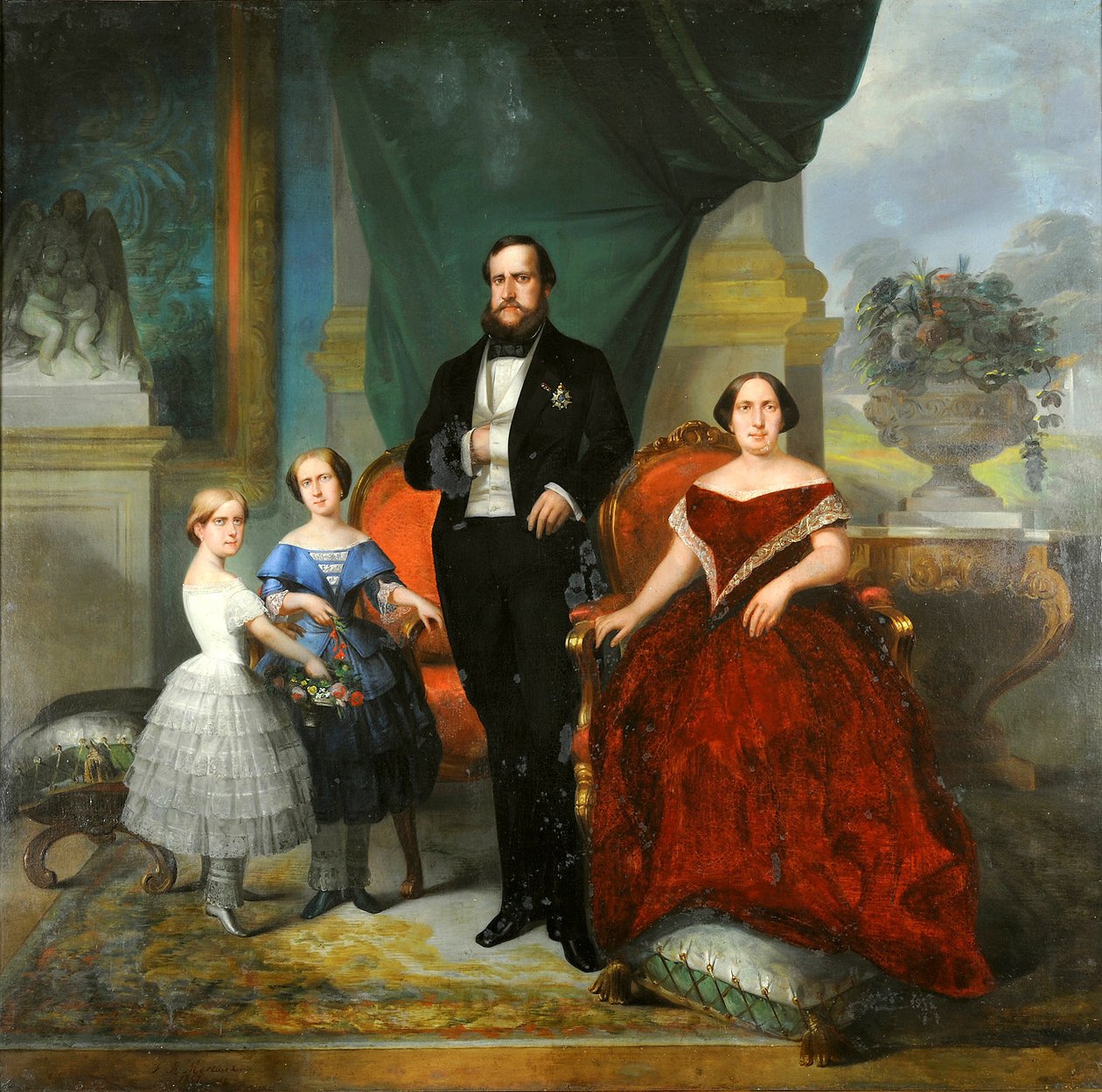 Kejserlig familie - kejser Pedro II, hans kone, Teresa Cristina, og deres døtre, prinsesserne Isabel og Leopoldina af Francois Rene Moreau