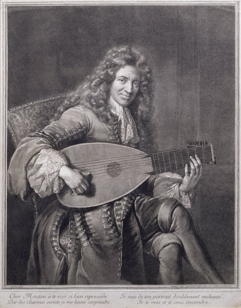 Portræt af Mouton, der spiller på lut, graveret af Gerard Edelinck (1640-1707) af Jean François de Troy