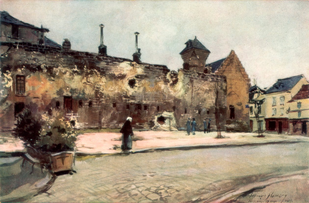 Kasernen i Soissons, Frankrig, 1915, 1926. af Francois Flameng