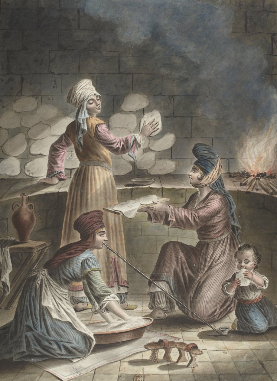 Tyrkiske kvinder bager brød, 1790 af Francois Marie Rosset