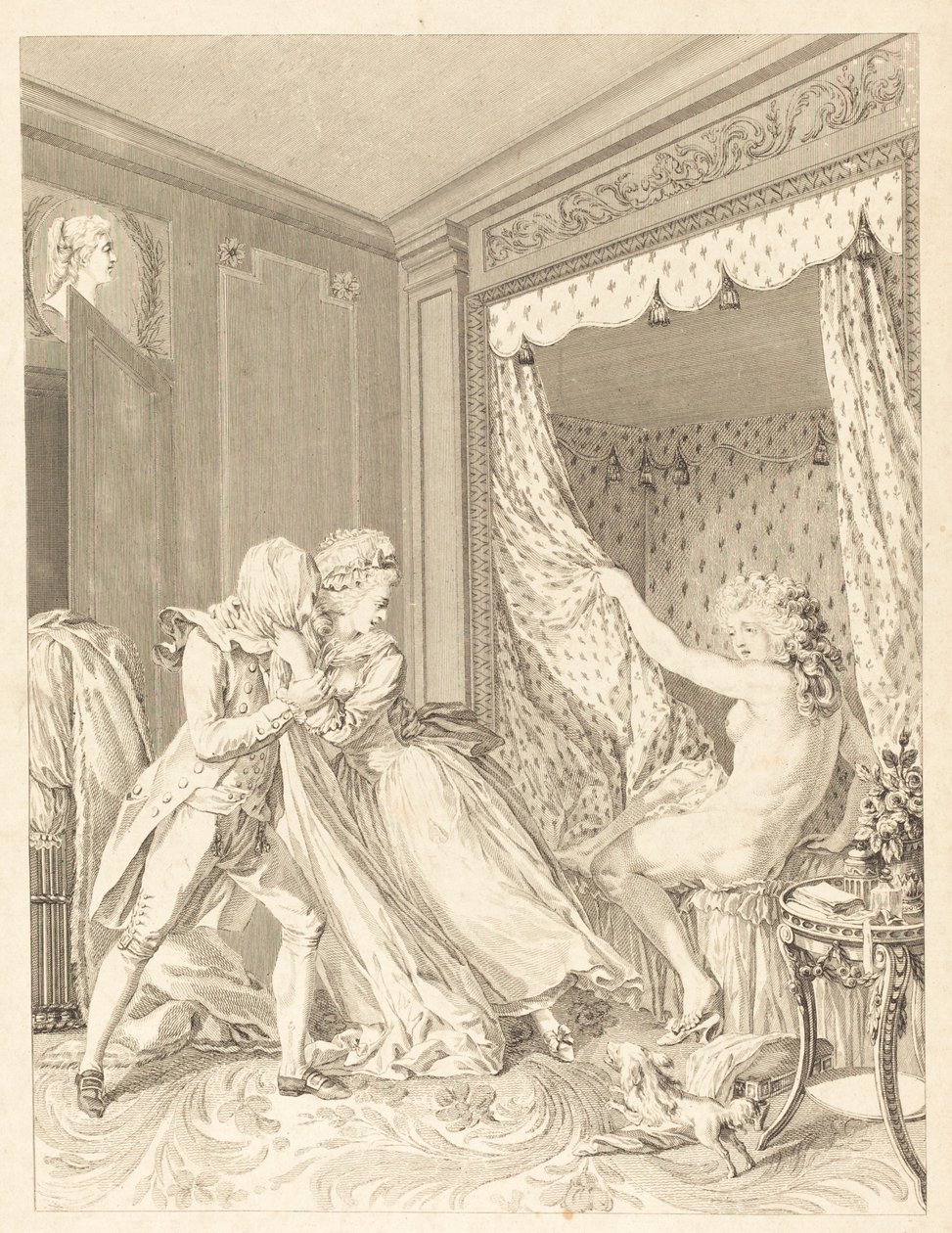 Den indiskrete af Francois Nicolas Barthelemy Dequevauviller after Antoine Borel