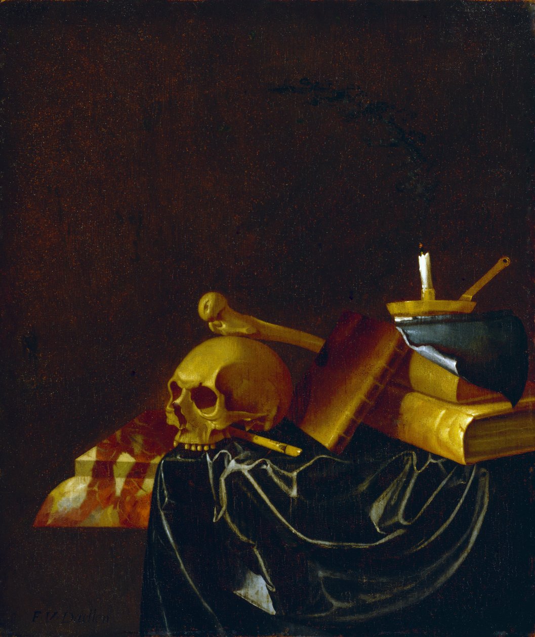 Vanitas, 1692 (olie på egetræspanel) af Francois van Daellen