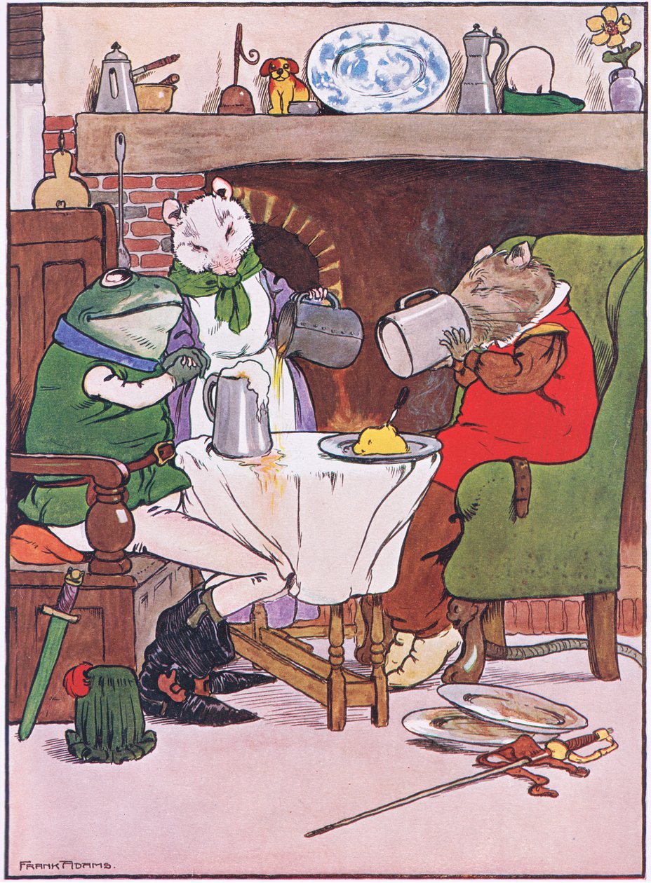 Vil du give os nogle øl, illustration fra "The Frog would a Wooing Go", af Charles H. Bennett, 1916 af Frank Adams