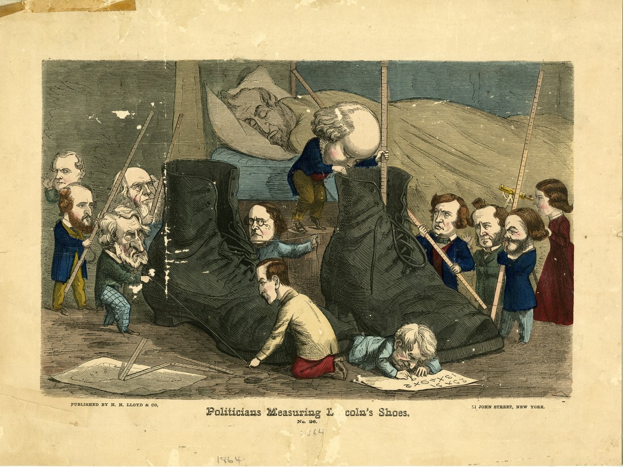 Politikere, der måler Lincolns sko, 1864 (håndfarvet gravering) af Frank Bellew