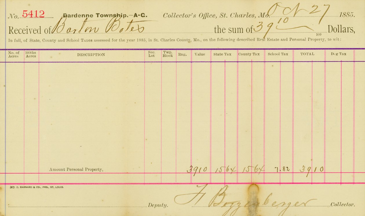 Skatter vurderes for året 1885 i St. Charles County af Frank Bizzenberger