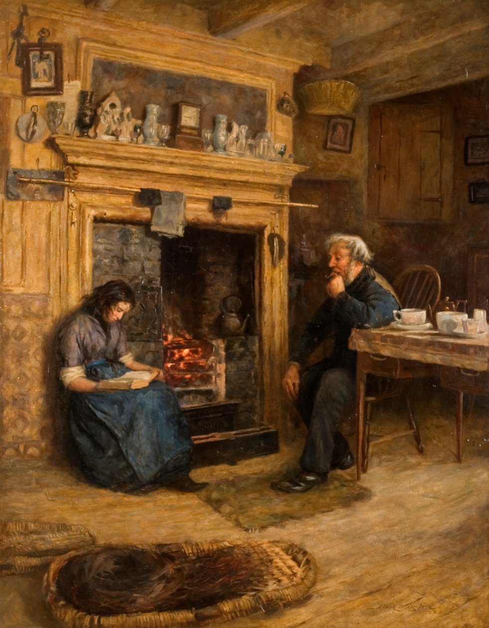 Interiør, kvinde læser for gammel mand, 1889 af Frank Stanley Ogilvie