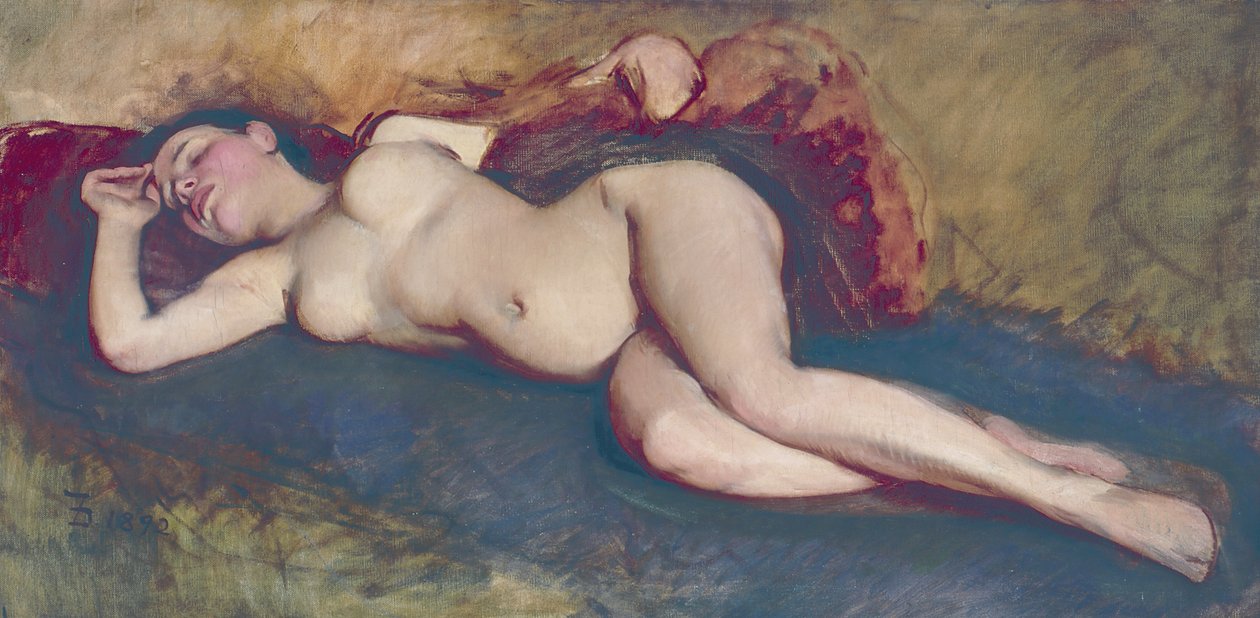 Liggende nøgen (olie på lærred) af Frank Duveneck