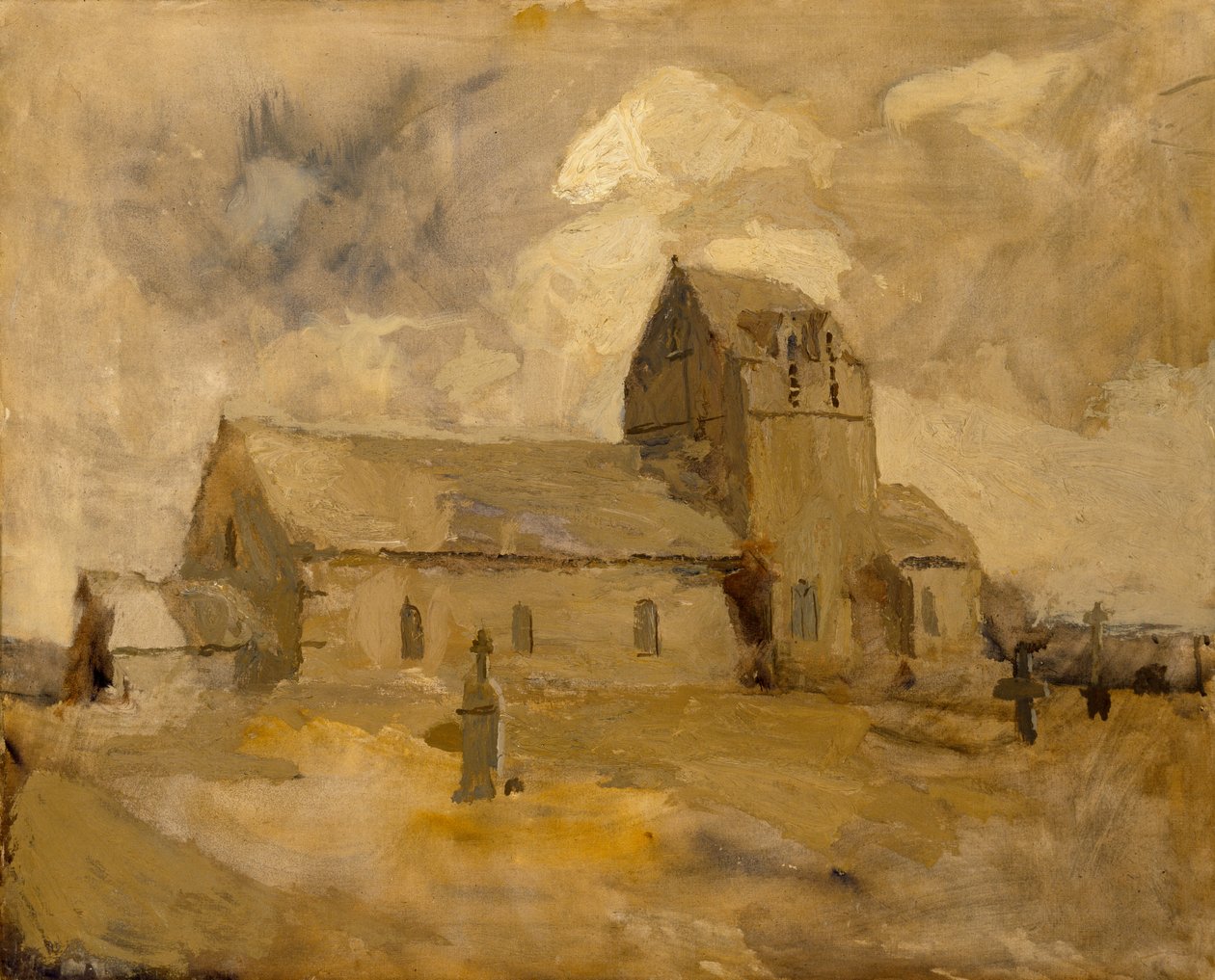 Landsbykirke og kirkegård, Bretagne, n.d. af Frank Edwin Scott