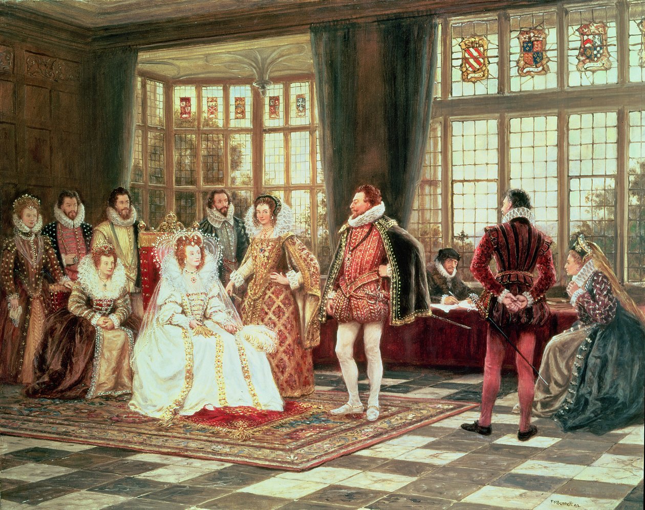 Dronning Elizabeth I (1533-1603) ved hoffet af Frank Moss Bennett