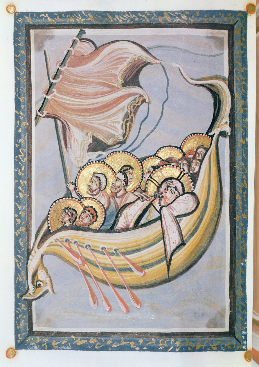 Stormen til søs, fra evangeliet om abbedissen Hitda, c.1020 af Frankish School
