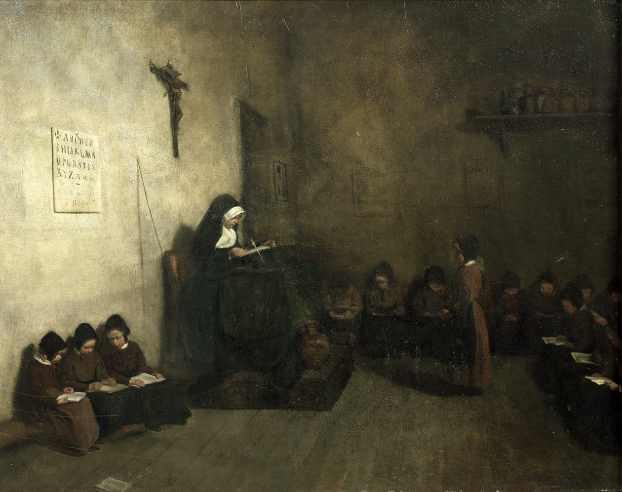 Interiør af en skole for forældreløse piger, 1850 af François Bonvin