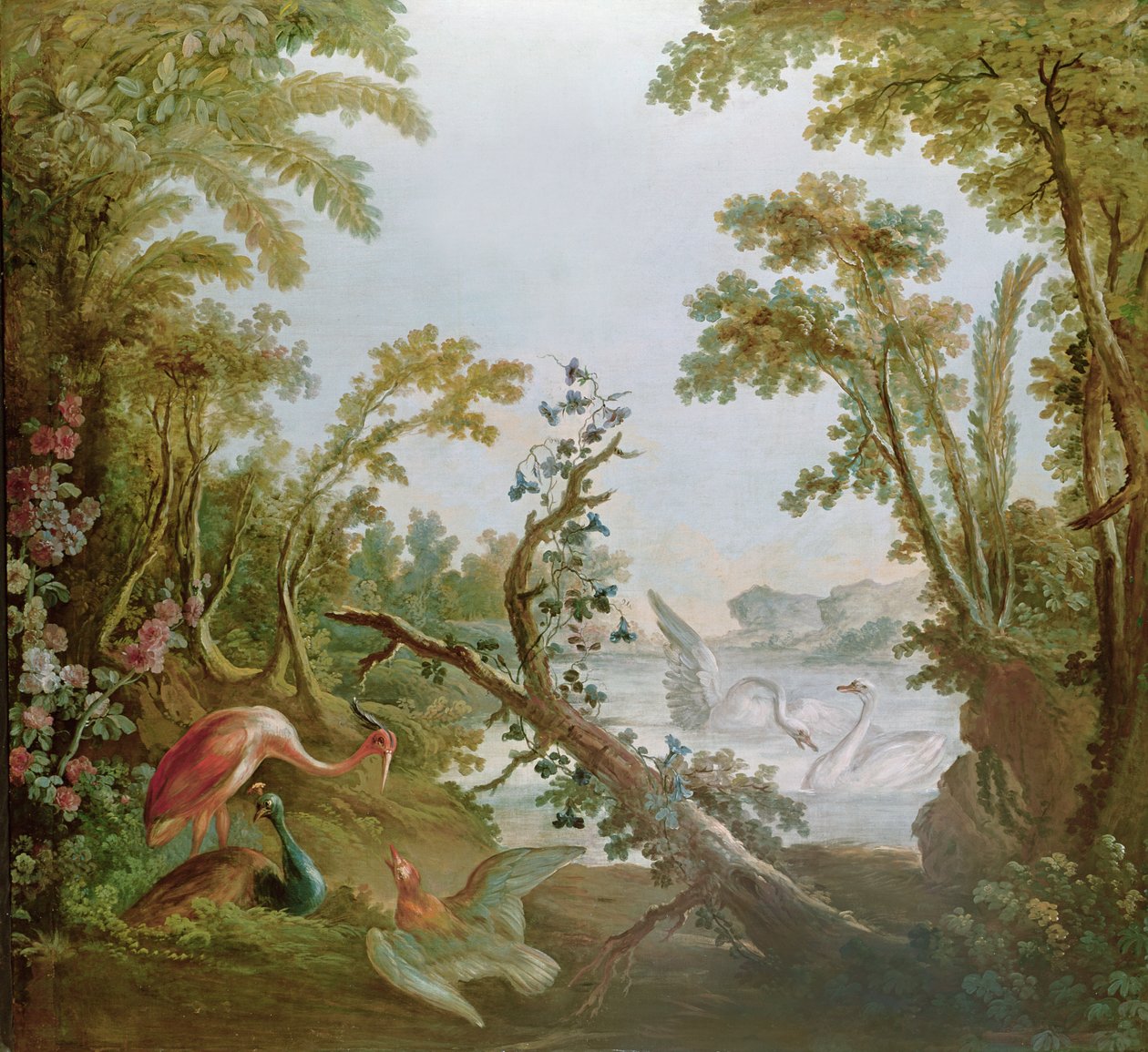 Sø med svaner, en flamingo og forskellige fugle, fra Gilles Demarteaus salon, ca. 1750-65 af François Boucher