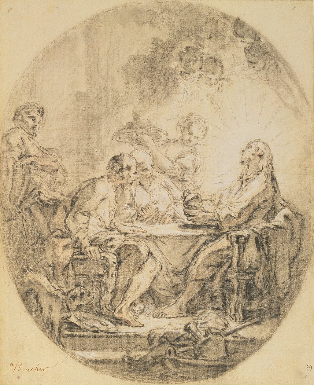 Pilgrimme i Emmaus (sort og hvidt kridt og sangvin) af François Boucher