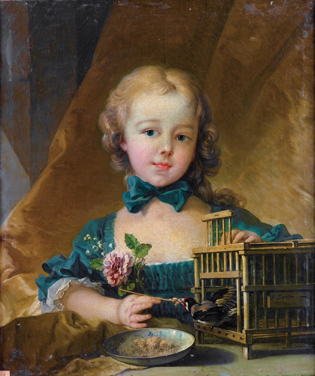 Portræt af Alexandrine Le Normant dÉtiolles, der leger med en guldfinke af François Boucher