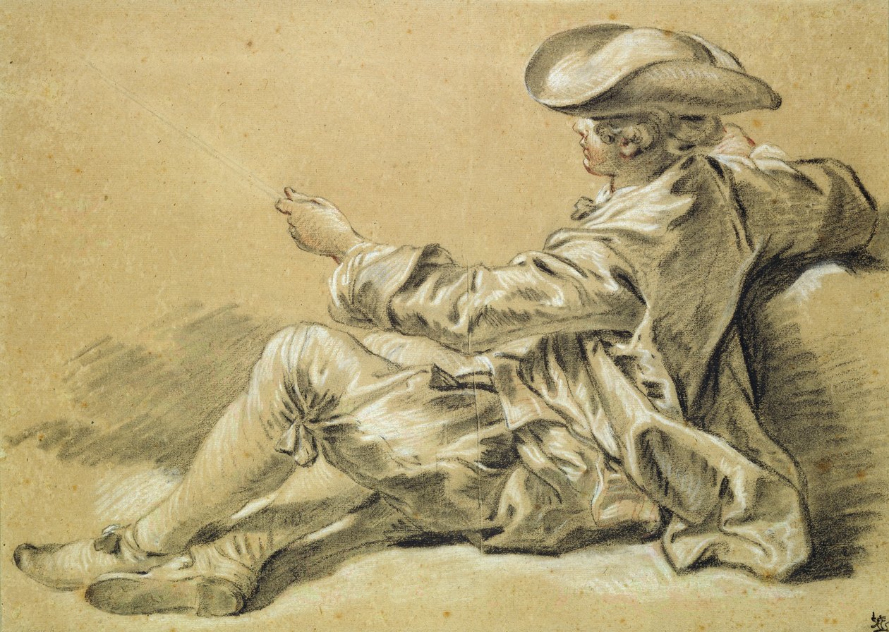 Lille dreng med fiskestang, 1755 (sort-hvidt kridt med rødt kridt på lysebrunt papir) af François Boucher