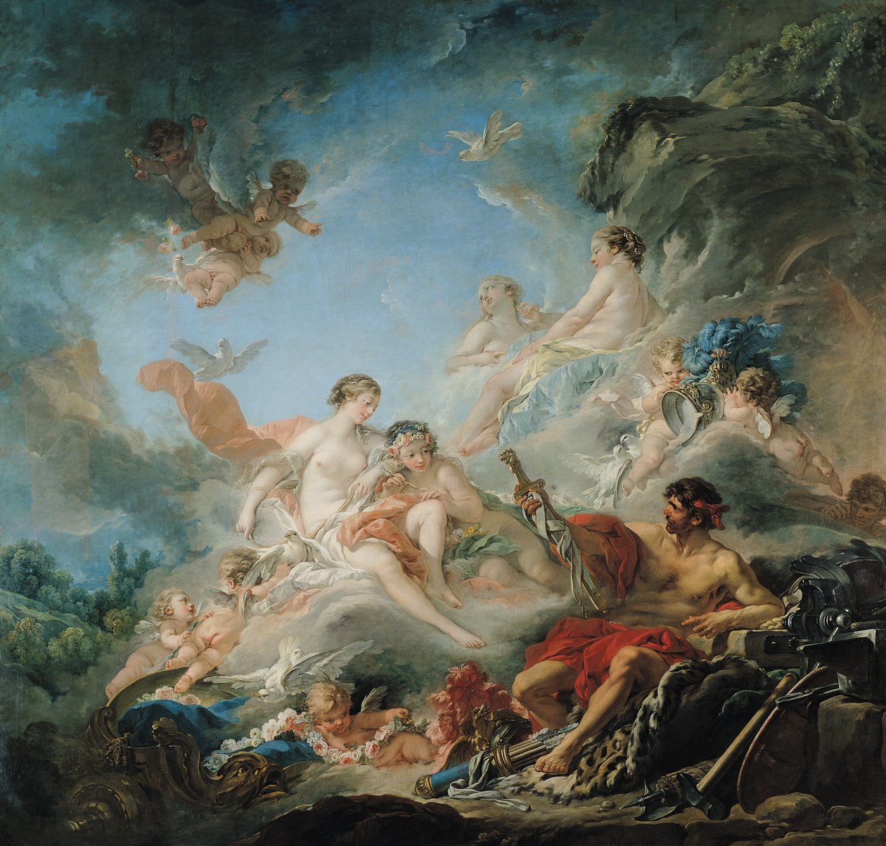 The Forge of Vulcan, eller Vulcan præsenterer våben for Aeneas til Venus, billedtæppe tegneserie, 1757 af François Boucher