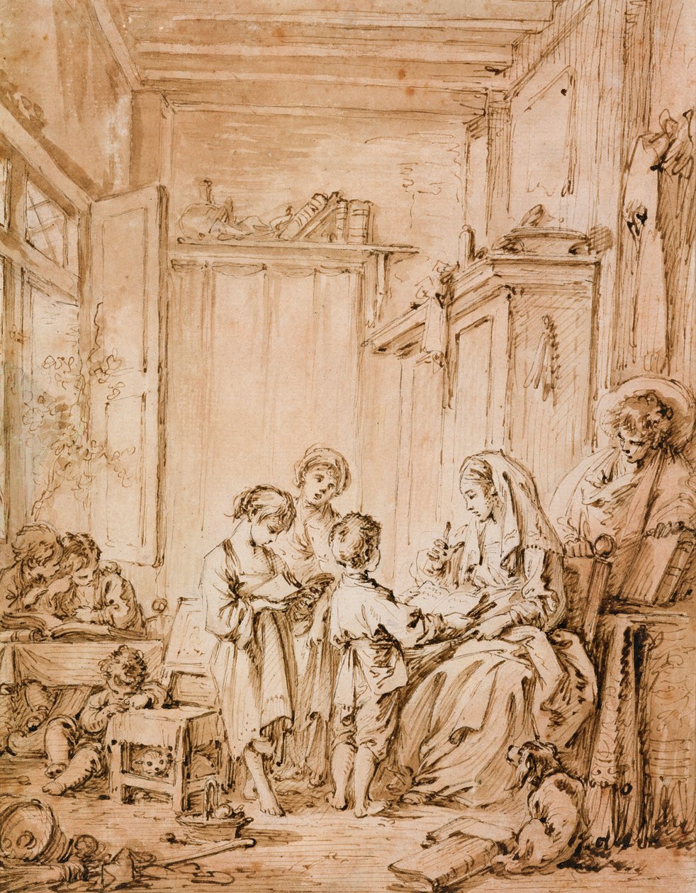 Skolestuen (blæk og brun vask på papir) af François Boucher