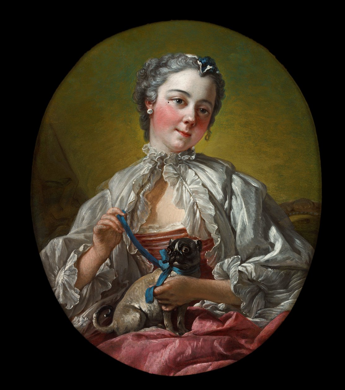 En ung dame, der holder en mopshund af François Boucher