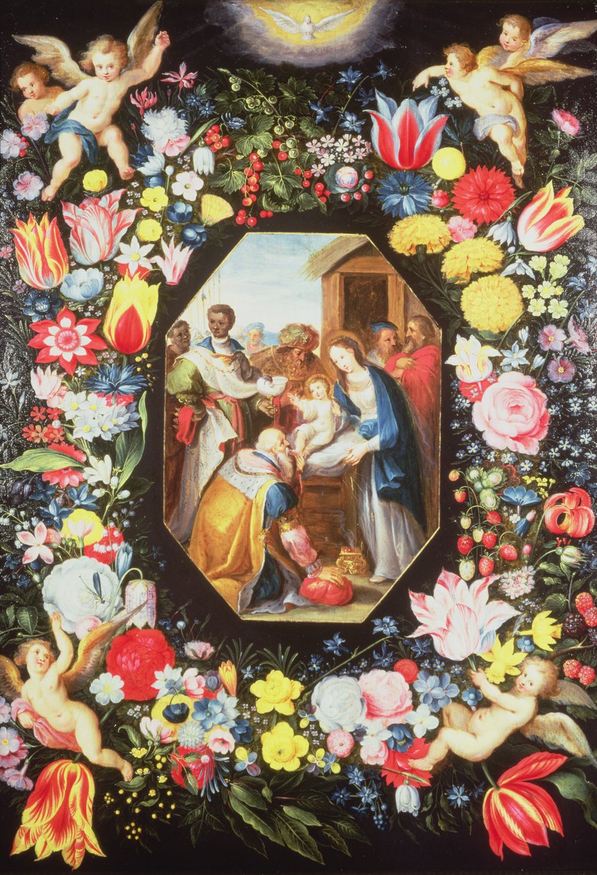 Tilbedelse af magi omgivet af en krans af blomster af Frans II Francken the Younger