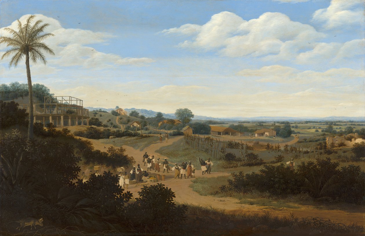 Brasiliansk landskab med et hus under opførelse af Frans Post