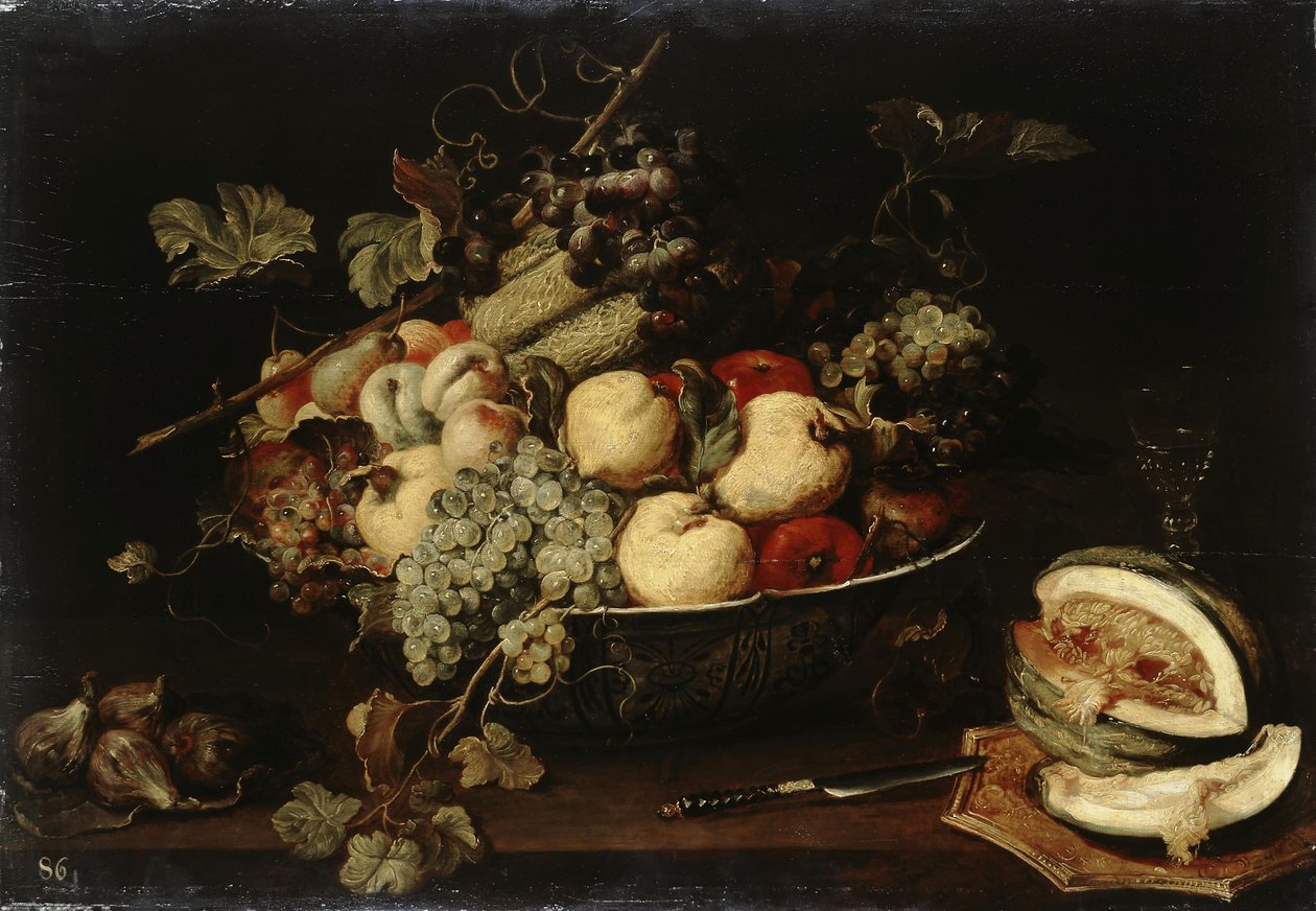 Frugt i en skål og en skiver melon af Frans Snyders or Snijders
