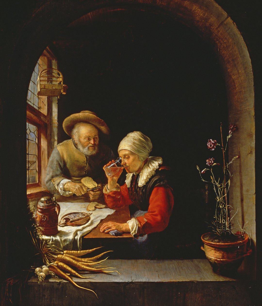 Et ældre par spiser (panel) af Frans van Mieris