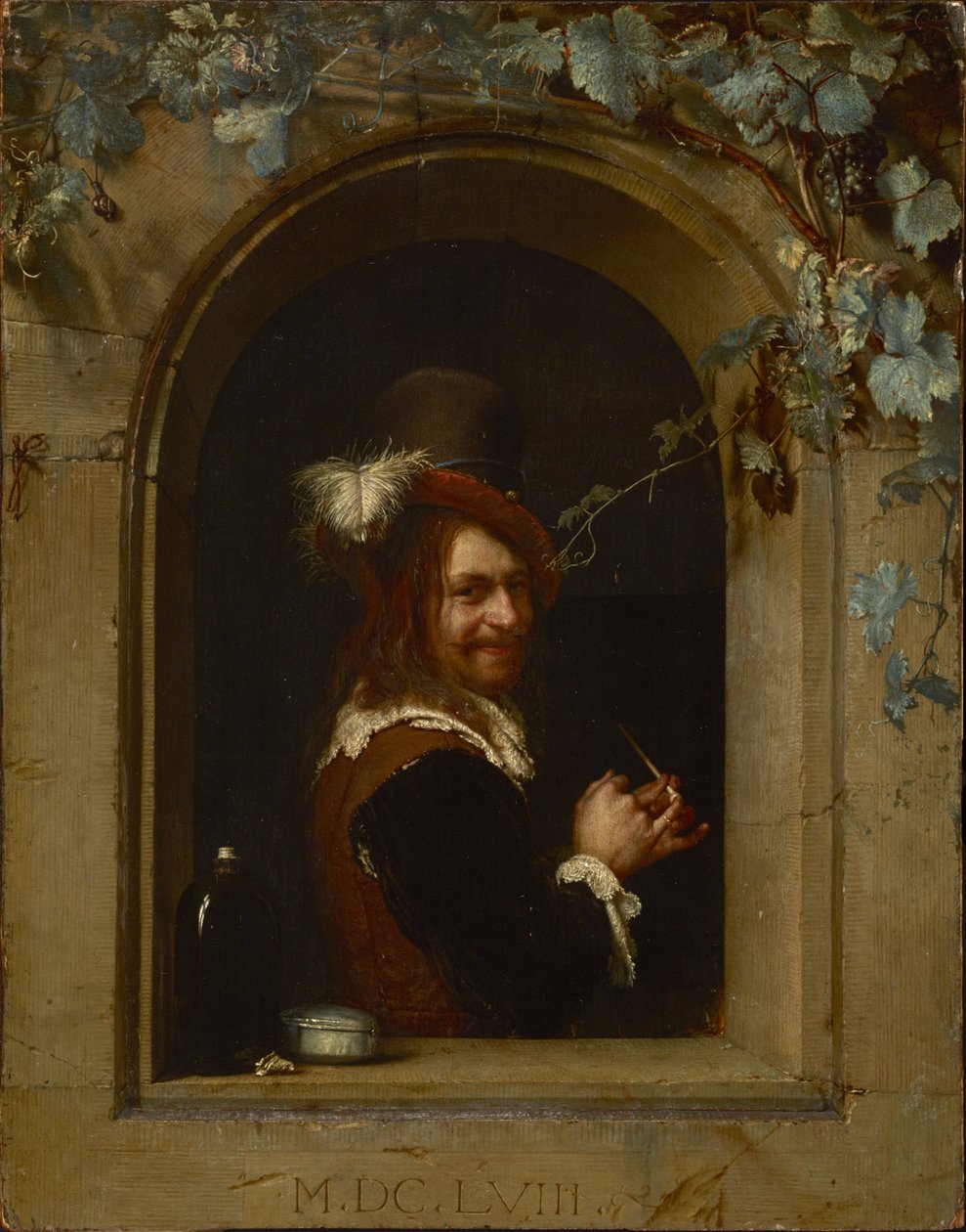 Mand med rør ved vinduet af Frans van Mieris the Elder  