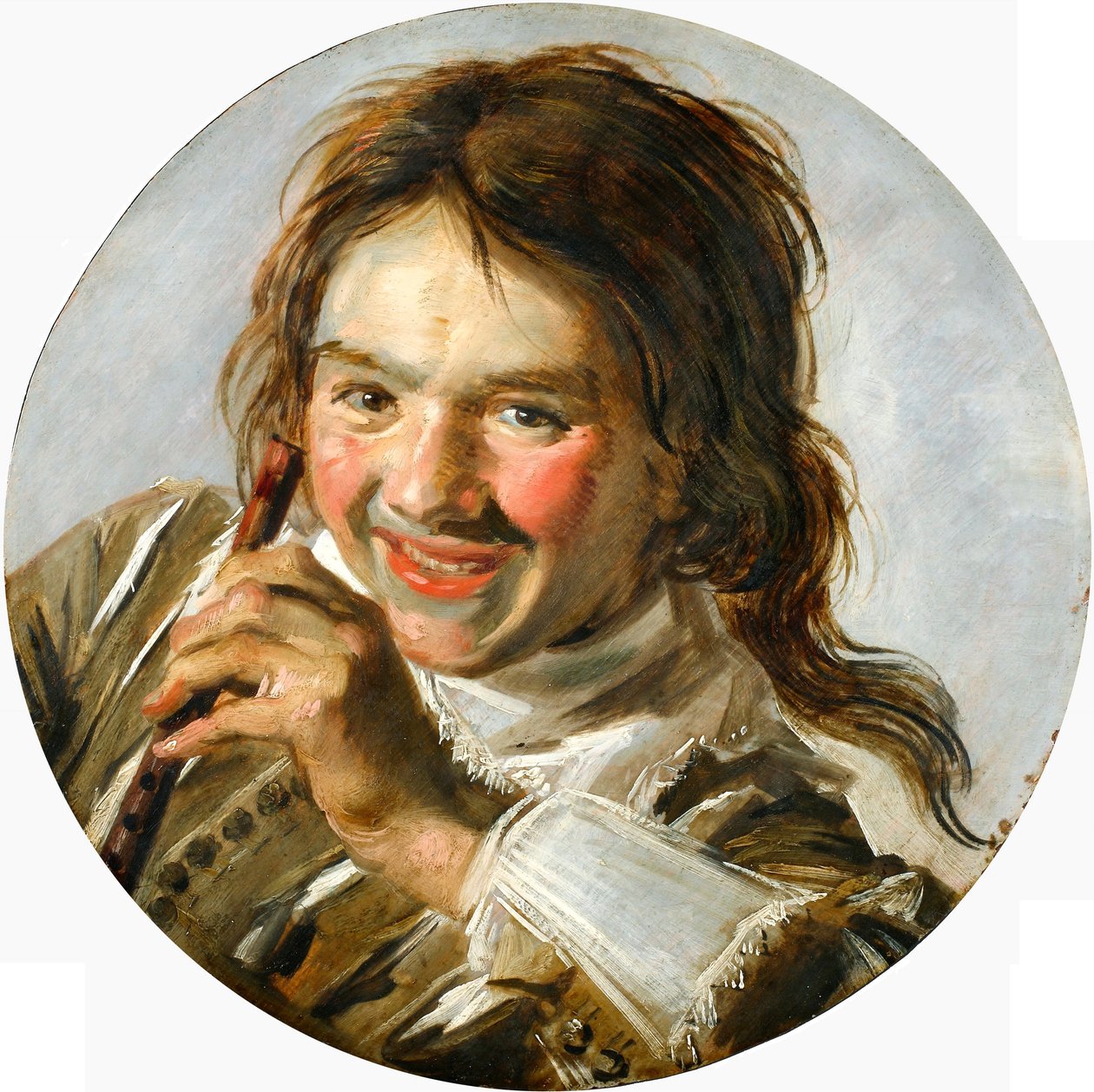 Portræt i halvfigur af en grinende dreng med fløjte af Frans Hals
