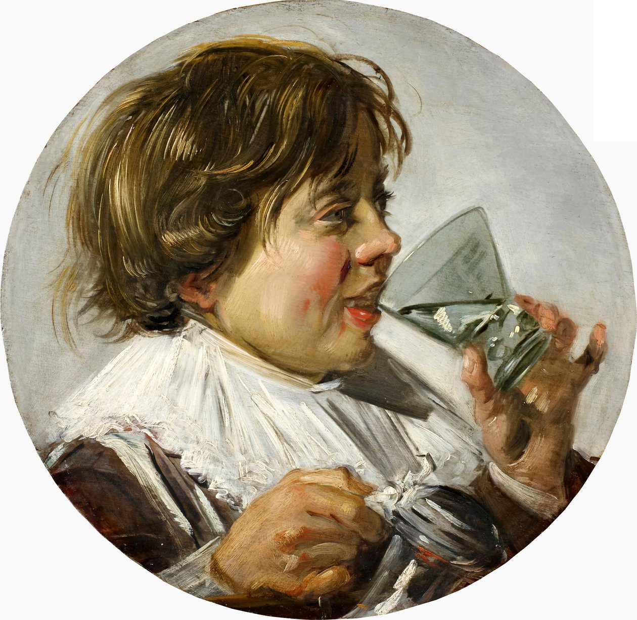 Portræt af en grinende dreng med et vinglas i halvlangt format af Frans Hals