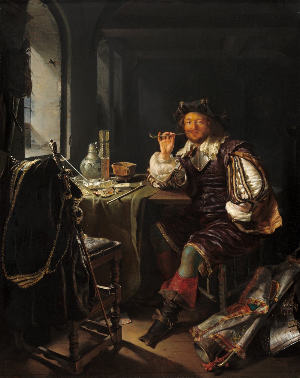 En soldat, der ryger pibe af Frans van Mieris
