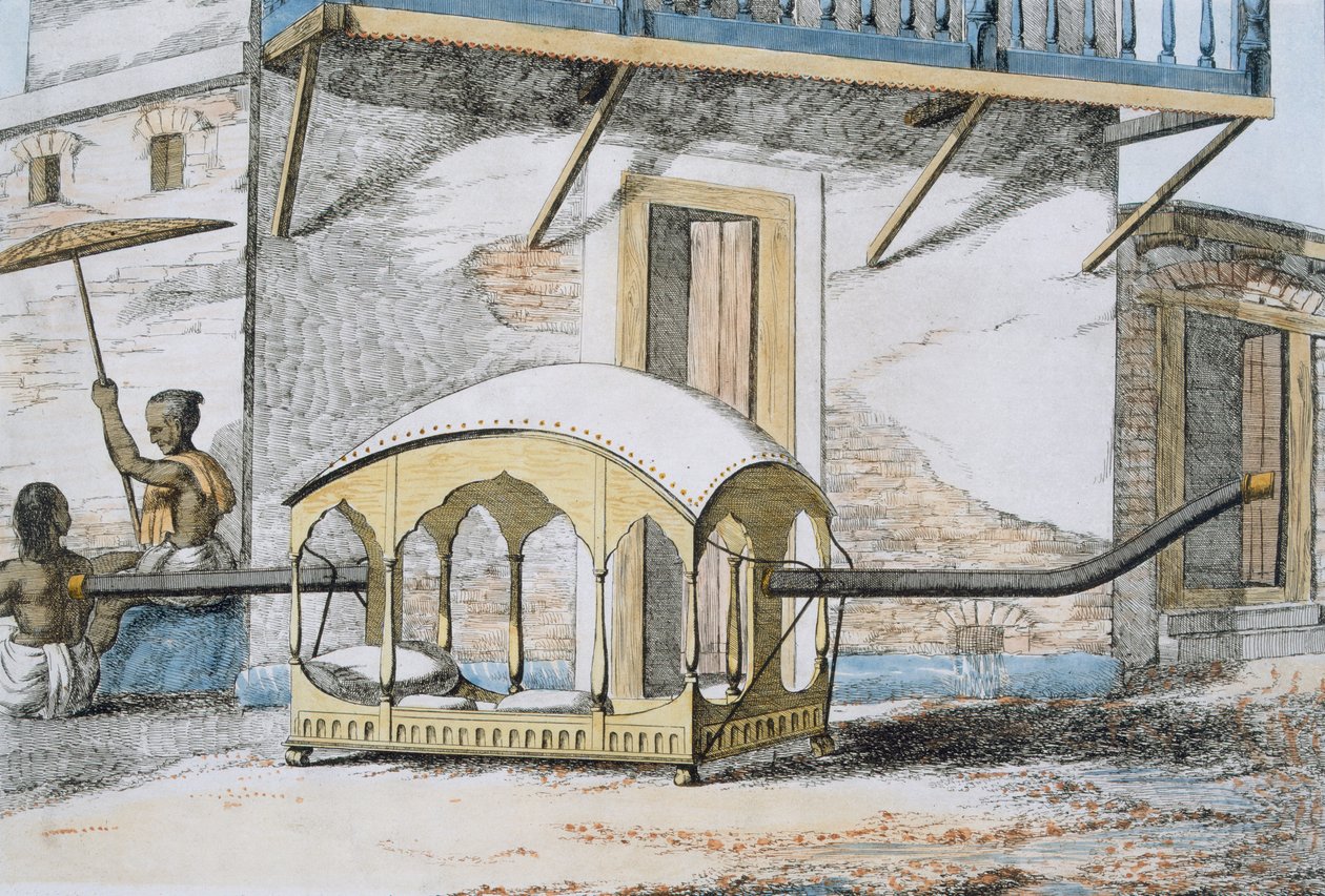 Majanah, eller overdækket liggende palanquin, fra "The Manners, Customs and Dresses of The Hindus", 1799 (farvet ætsning) af Franz Balthazar Solvyns