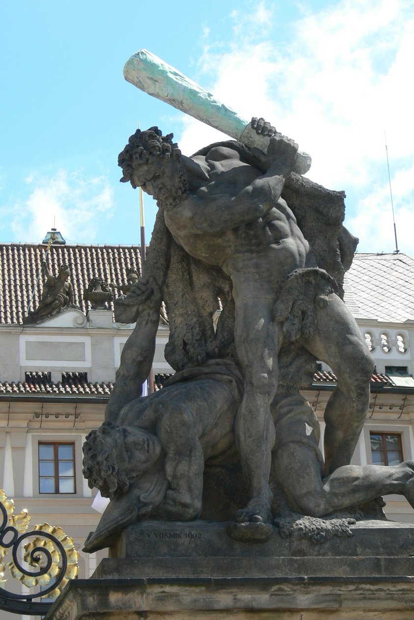 Statue af kæmpende kæmper, uden for Prags borg og præsidentpaladset Hradcany, 1. gårdhave, sten fra 1768 af Franz Ignaz Platzer