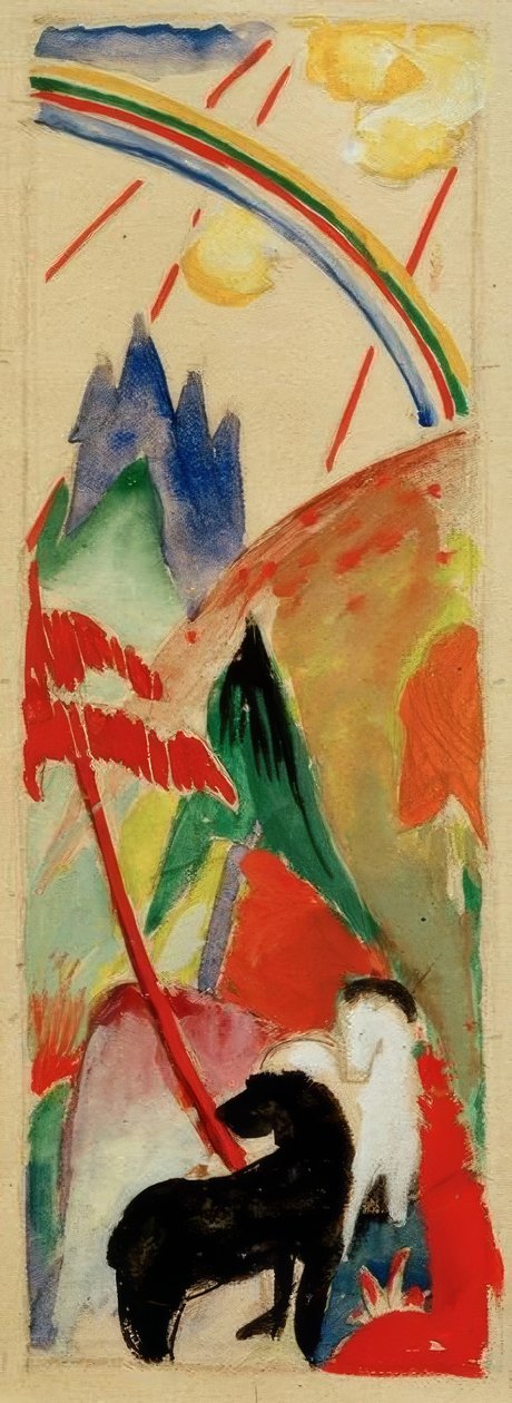 Sort og hvid hest i et bjerglandskab med regnbu af Franz Marc
