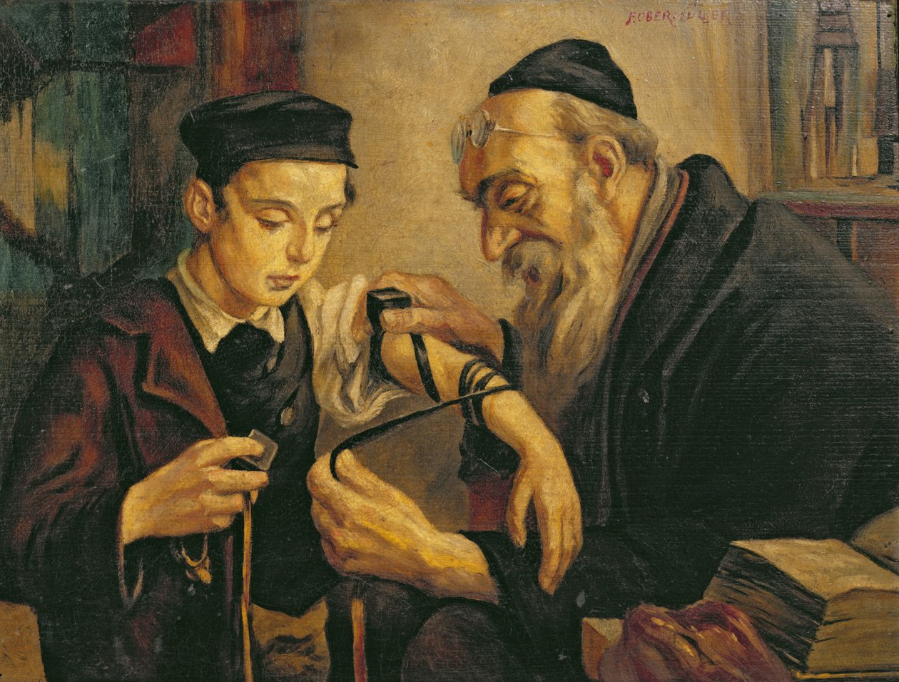 En rabbiner, der binder Phylacteries til armen på en dreng af Franz Obermüller