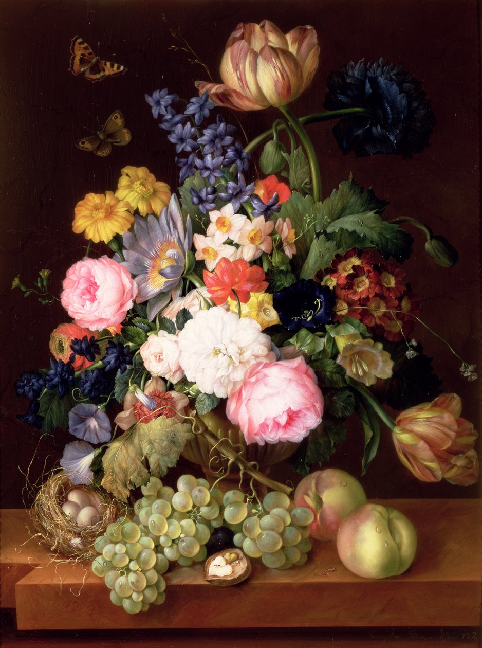 Blomster og frugter med fuglerede på en afsats, 1821 (panel) af Franz Xavier Petter