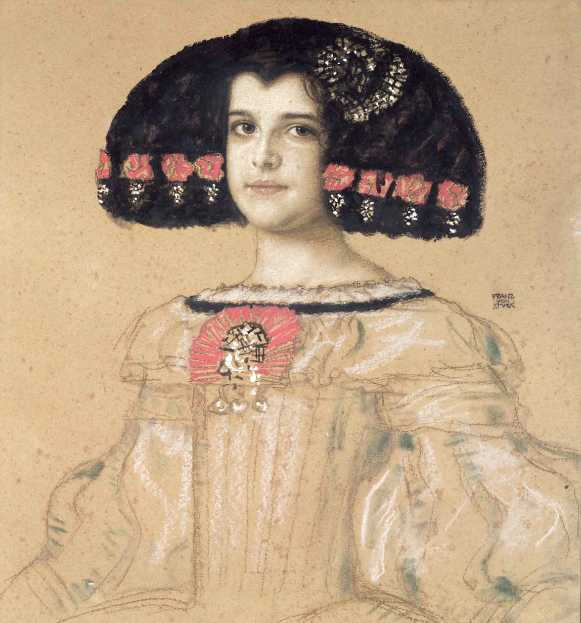 Portræt af Mary, kunstnerens datter, ca. 1908 (blyant, vask og pastel om bord) af Franz von Stuck