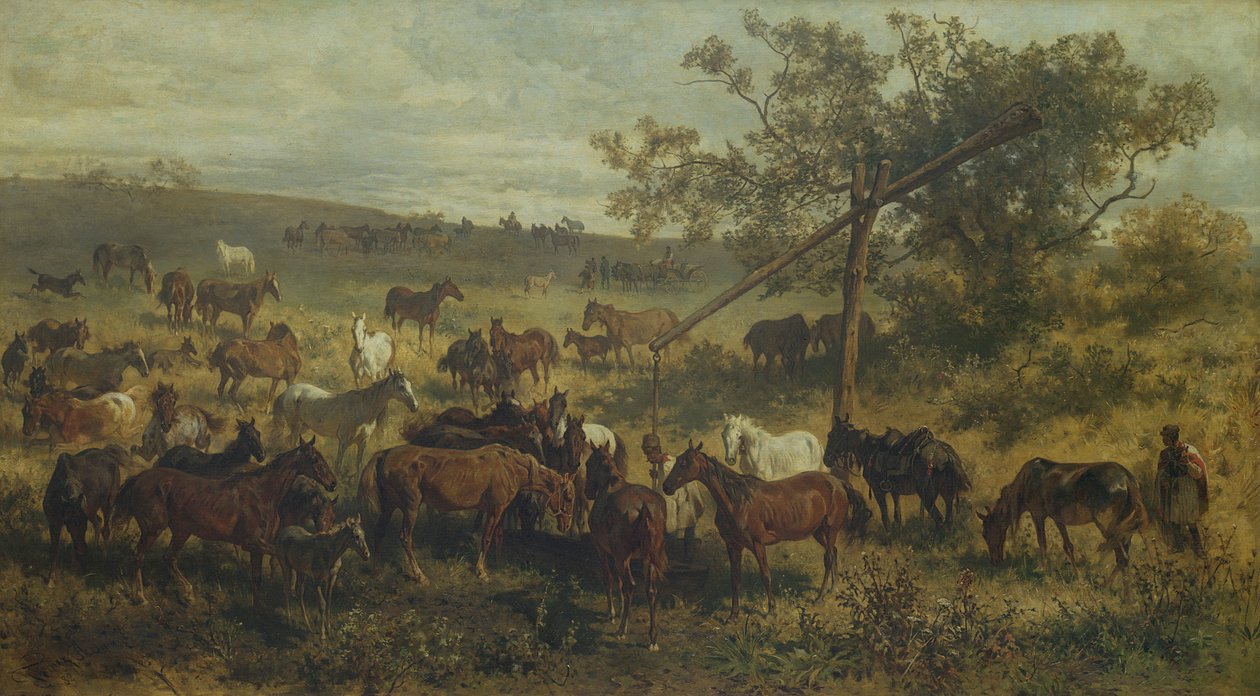 Heste ved et trug, 1800-tallet af Franz Adam