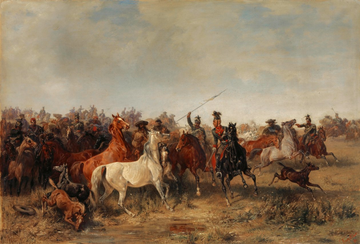 Uhlans stjæler heste fra Honved-Hussars, 1863 af Franz Adam