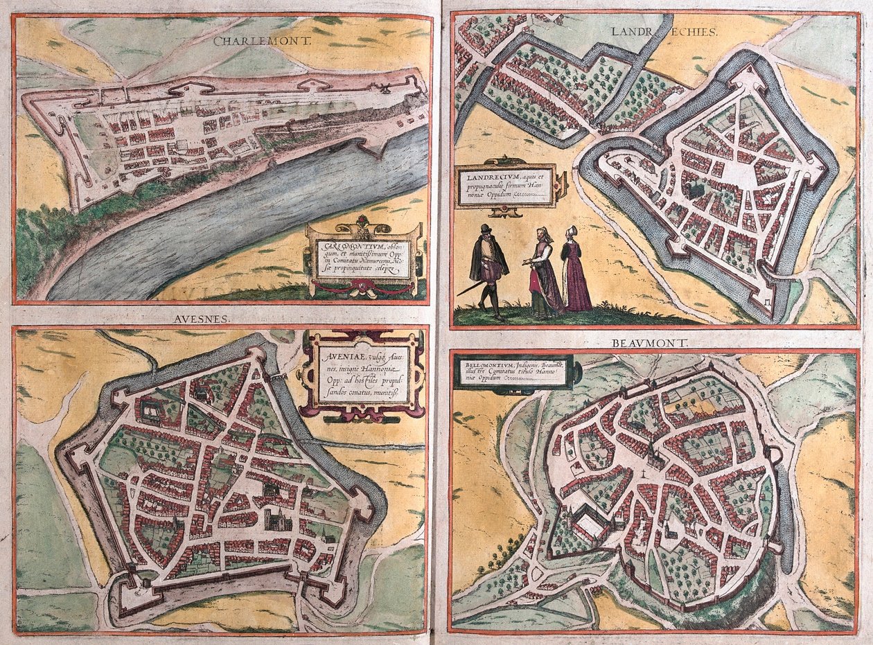 Charlemont, Beaumont, Avesnes og Landrecies, Frankrig (gravering af Franz Hogenberg